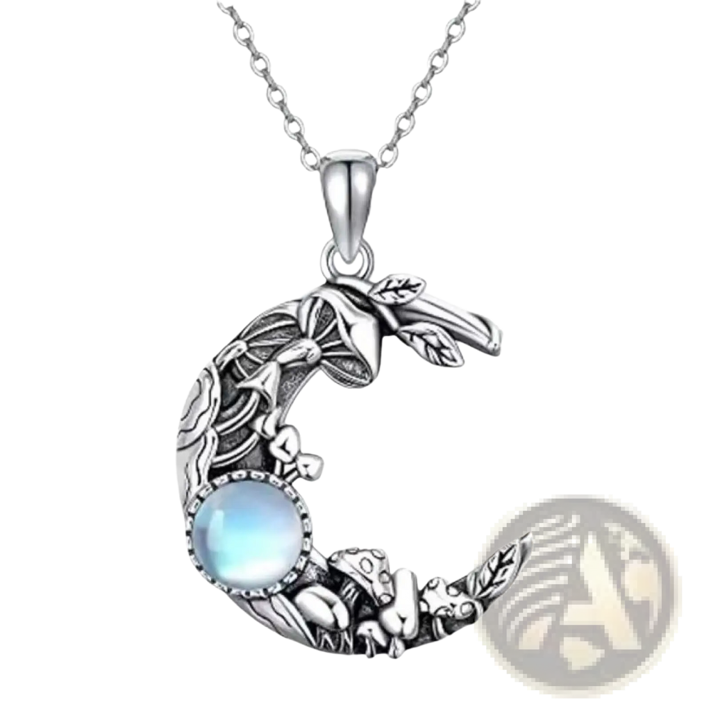 Silver crescent moon pendant necklace with intricate mushroom and leaf designs and central blue moonstone gemstone