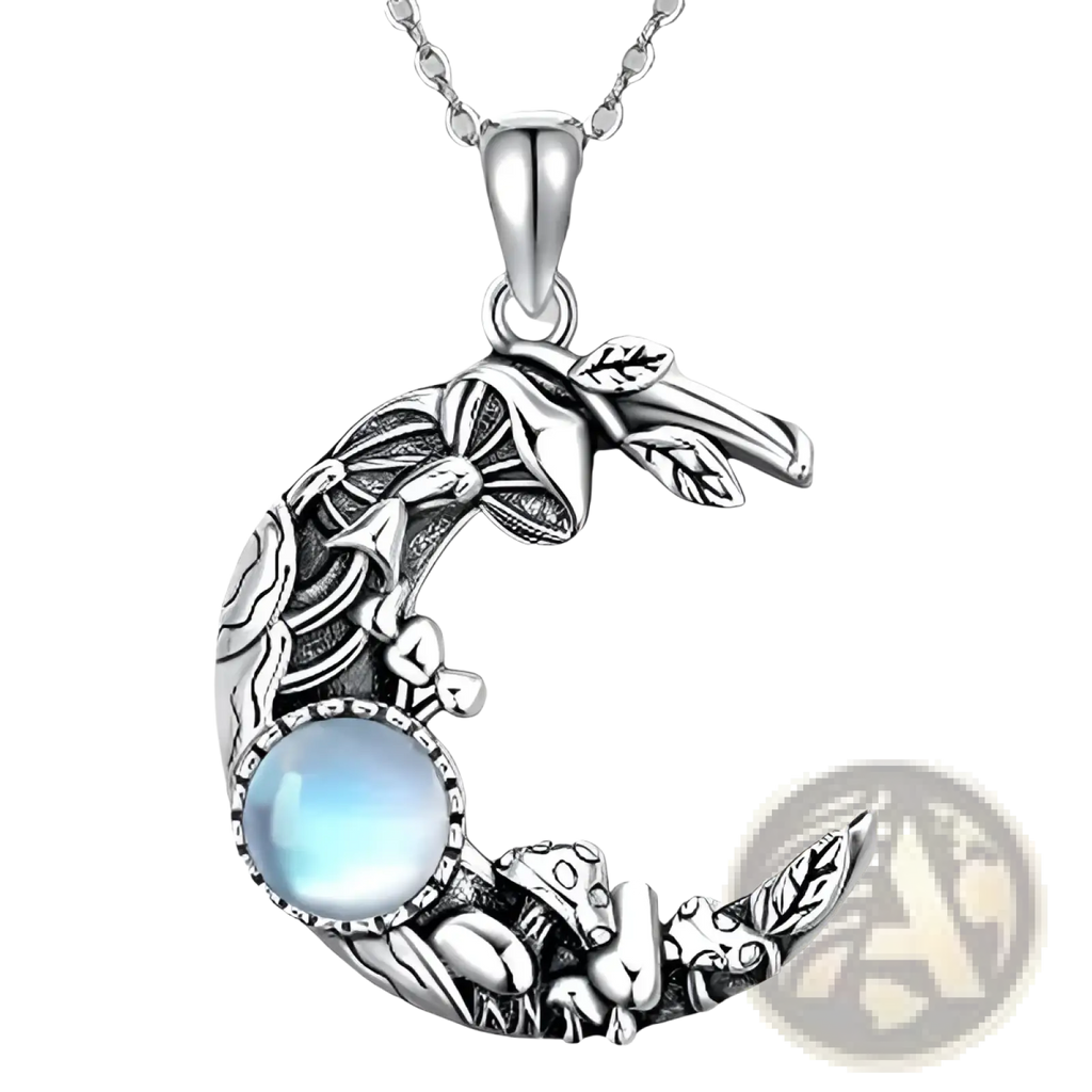 Bohemian silver crescent necklace with intricate mushroom and leaf designs featuring a central blue moonstone