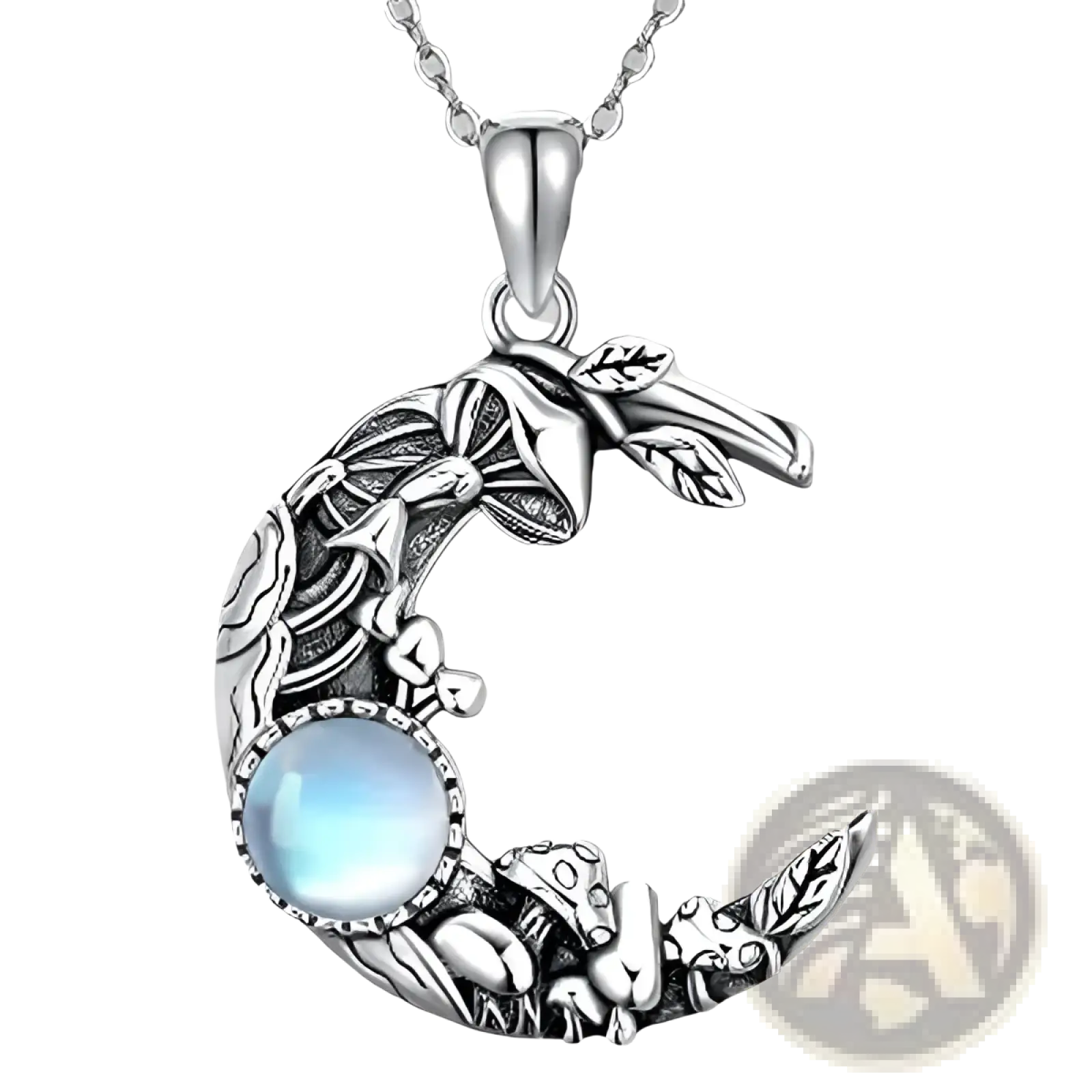Bohemian silver crescent necklace with intricate mushroom and leaf designs featuring a central blue moonstone