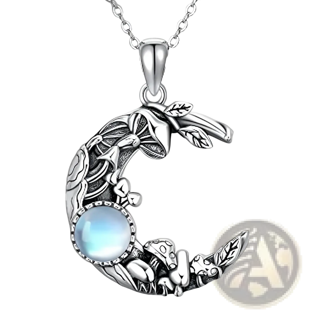 Bohemian silver crescent moon pendant necklace with intricate mushroom and leaf designs and central blue moonstone