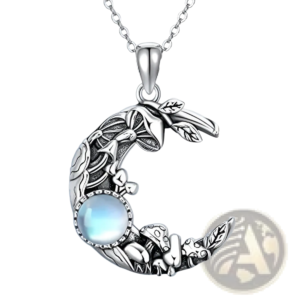 Bohemian silver crescent moon necklace with intricate mushroom and leaf designs featuring a central blue moonstone