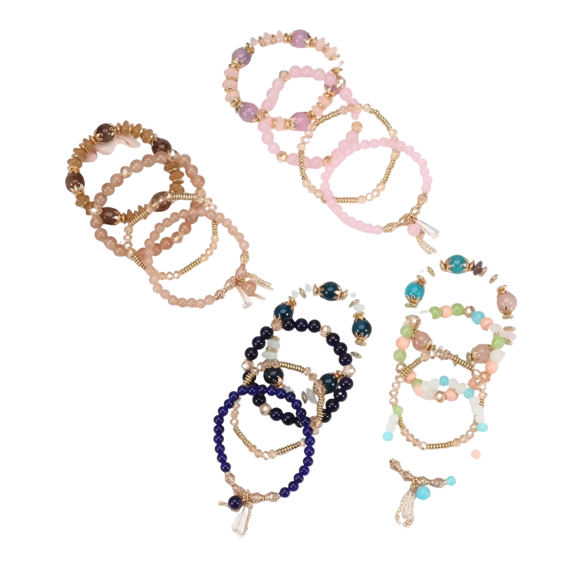 A collection of high quality bohemian stackable bead bracelets in pastel and earthy tones with gold-toned accents