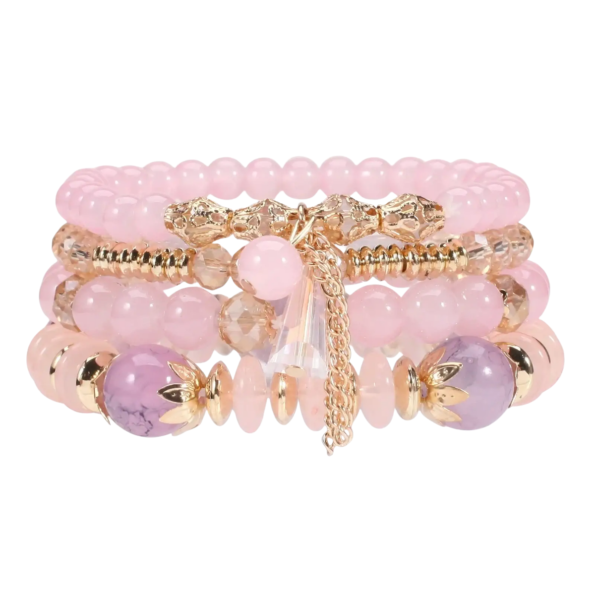 A delicate stack of high quality pink and lavender beaded bohemian bracelets with gold accents and crystal charm
