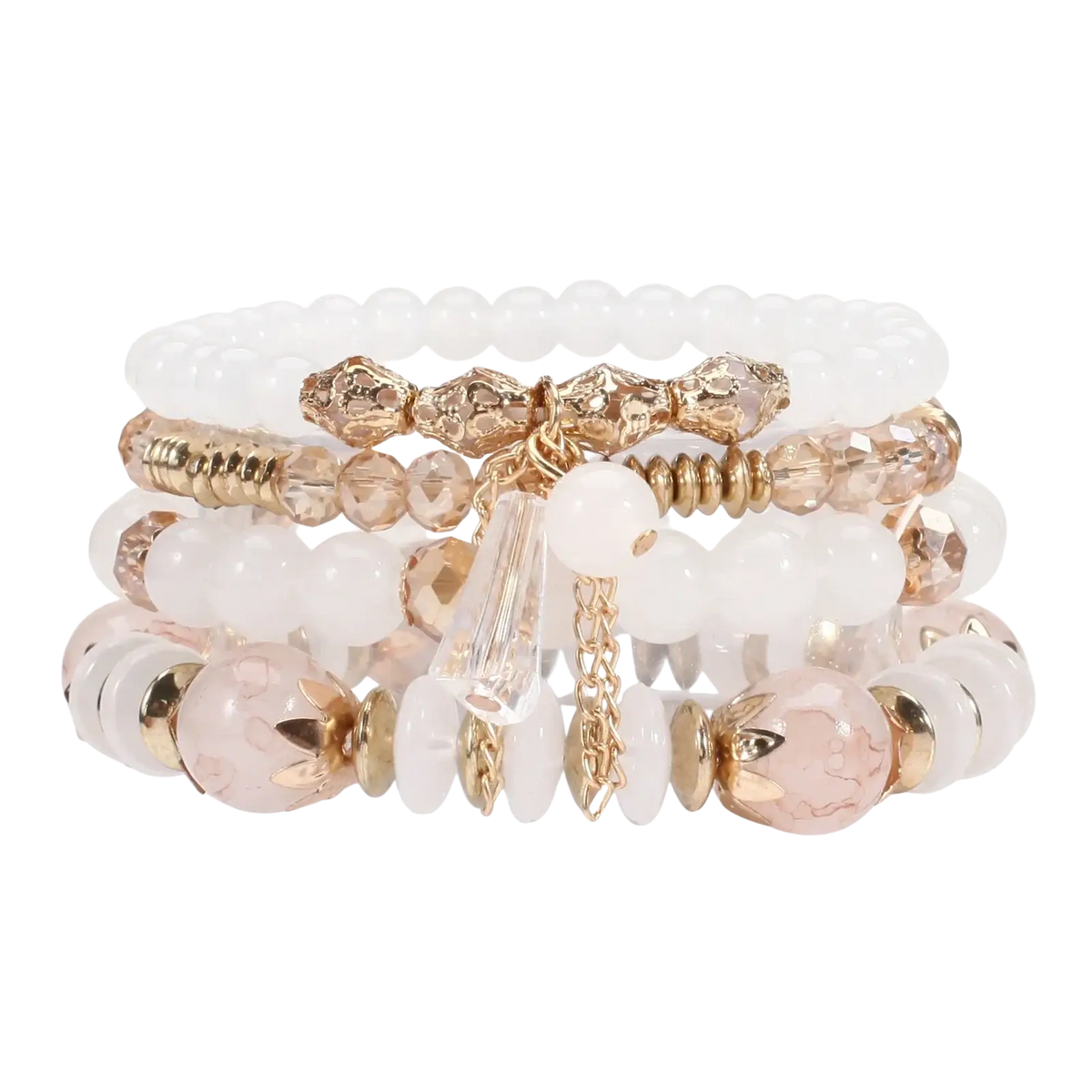 A delicate stack of high quality white and rose gold bead bracelets with clear crystal accents in a bohemian style