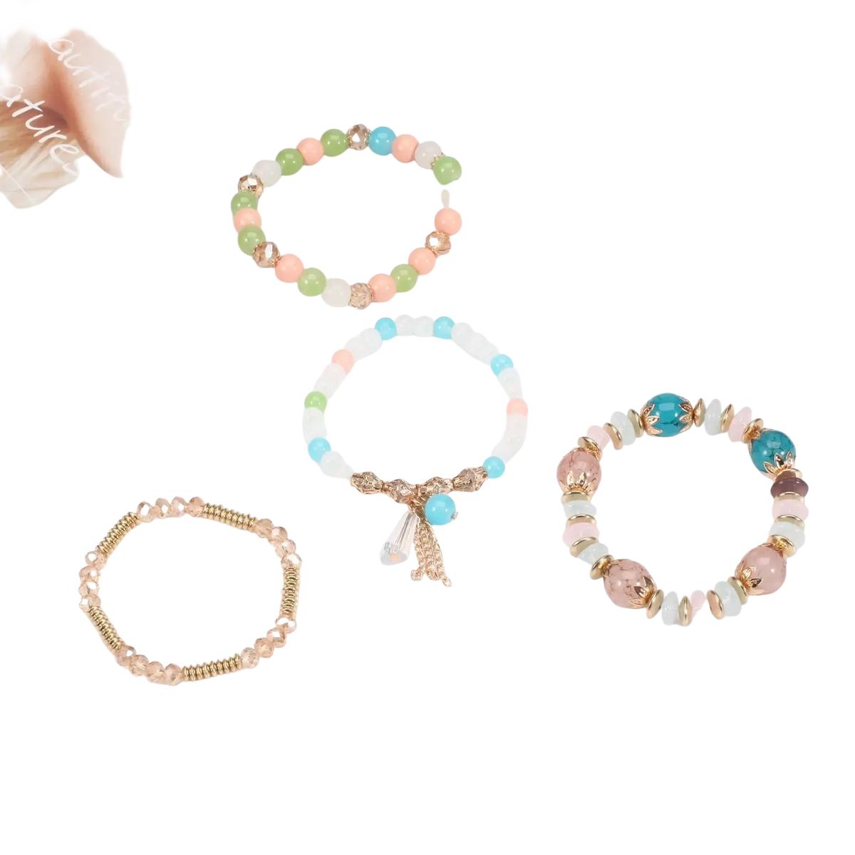 Pastel-colored high quality bohemian stackable bead bracelets with gold-toned accents and decorative charms