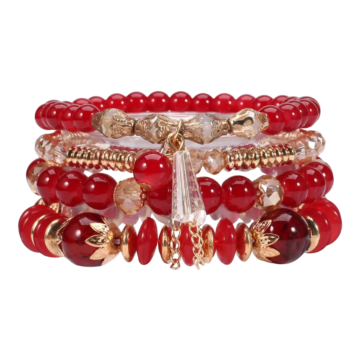 A set of five high quality bohemian stackable red and gold beaded bracelets with clear crystal accents and metallic charms