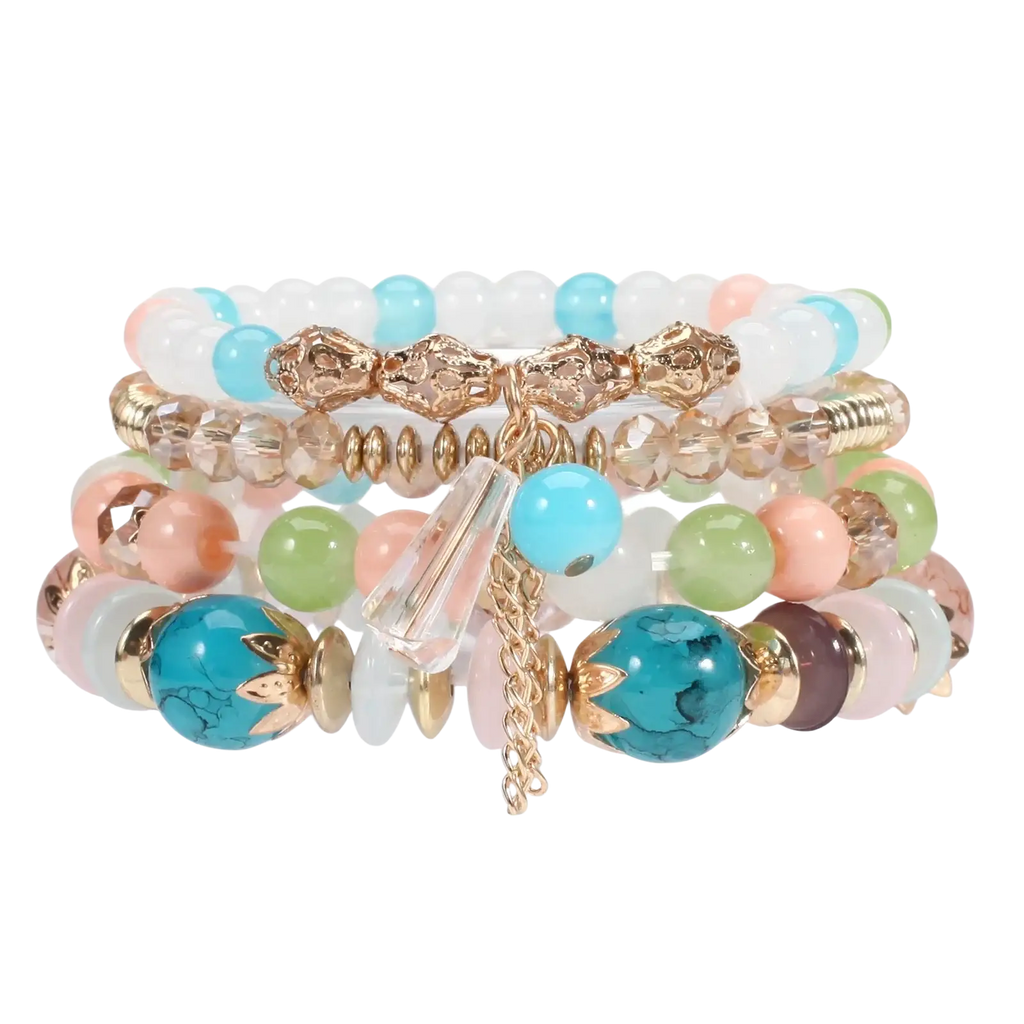 High quality bohemian stackable bead bracelets set with turquoise pink green white stones and gold metal accents