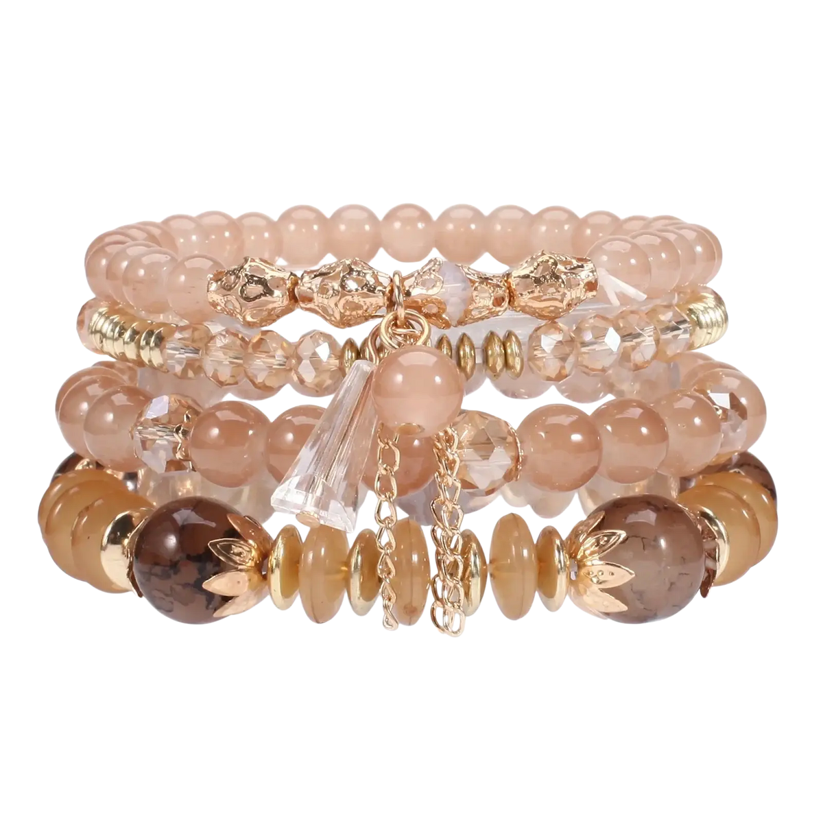 Set of four high quality bohemian stackable bead bracelets with peach amber and clear crystal beads and gold accents