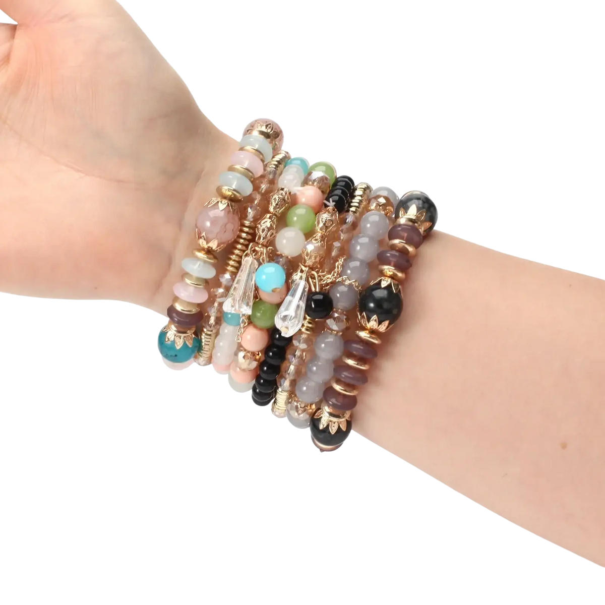 A stack of high quality bohemian colorful beaded bracelets with gold toned accents and crystal charms