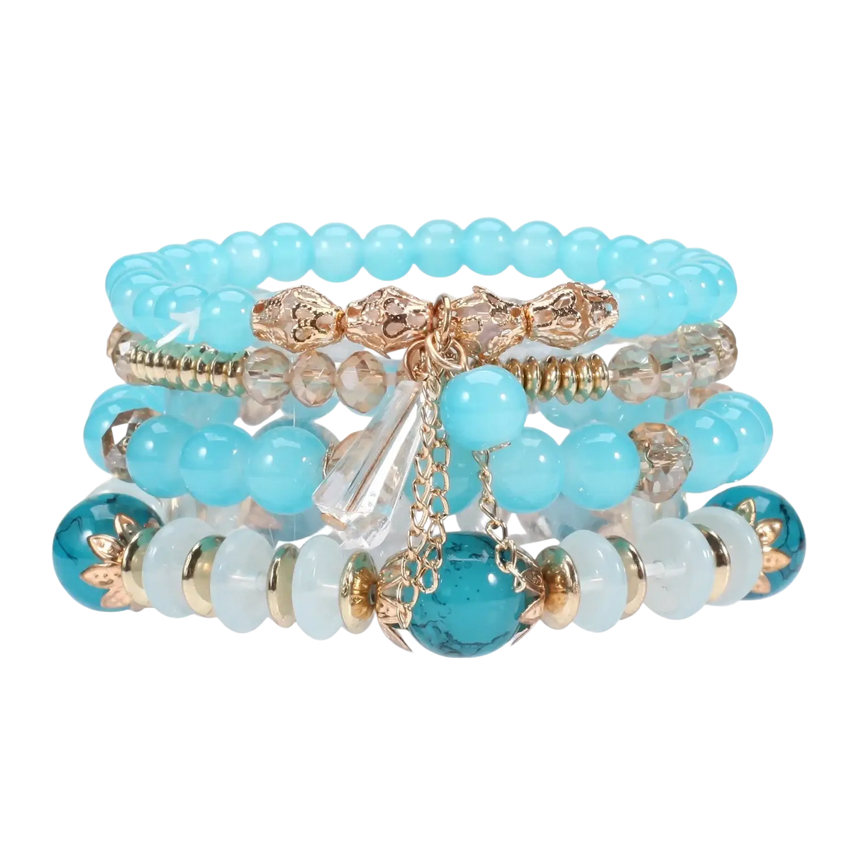Bohemian stackable bead bracelets in turquoise and white with gold accents and clear crystal drops high quality design