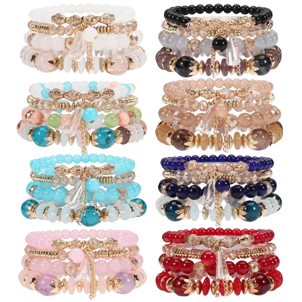 Stacked beaded bracelets in pastel and bold colors with gold accents and crystal charms high quality bohemian style