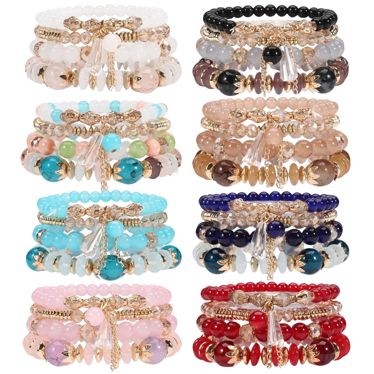 Stacked beaded bracelets in pastel and bold colors with gold accents and crystal charms high quality bohemian style