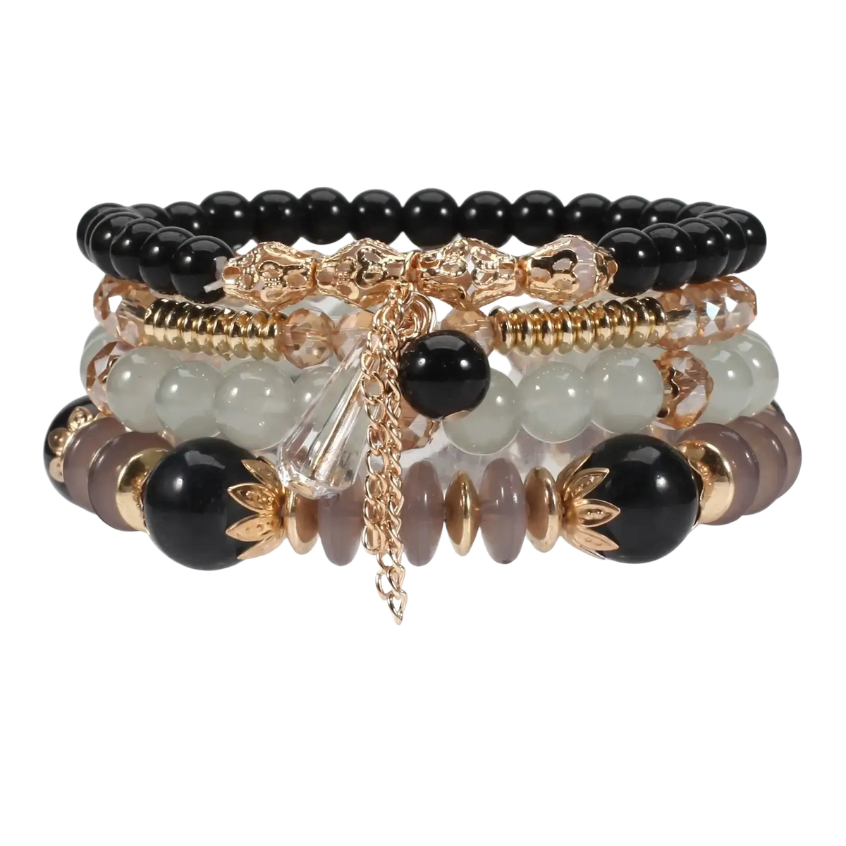 Bohemian stackable high quality beaded bracelets featuring black, light green, mauve stones, gold accents, and crystal pendant