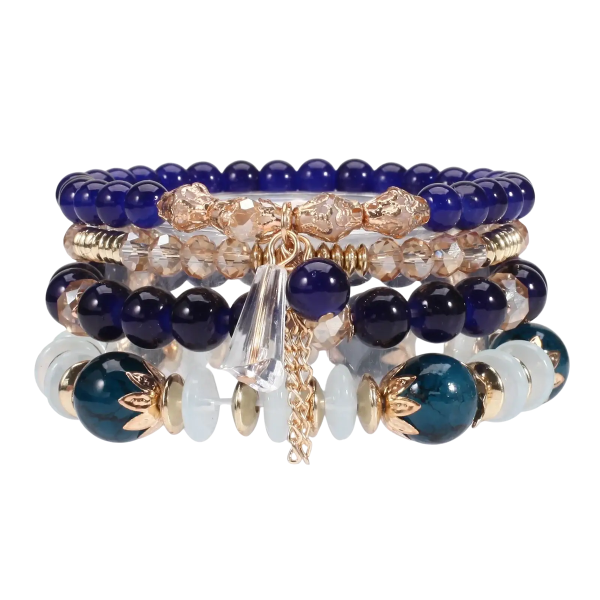 High quality bohemian stackable bead bracelets featuring deep blue, translucent crystal, and white opal beads with rose gold accents