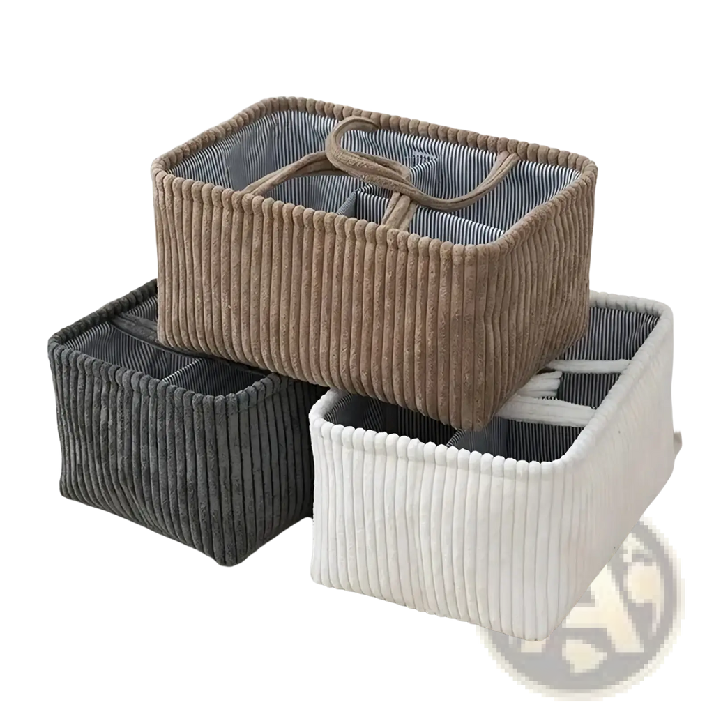 Beige corduroy bohemian storage basket with striped interior and woven handles multi compartment organizer