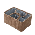 Beige corduroy bohemian storage basket with striped blue interior and woven handles for multi compartment organization