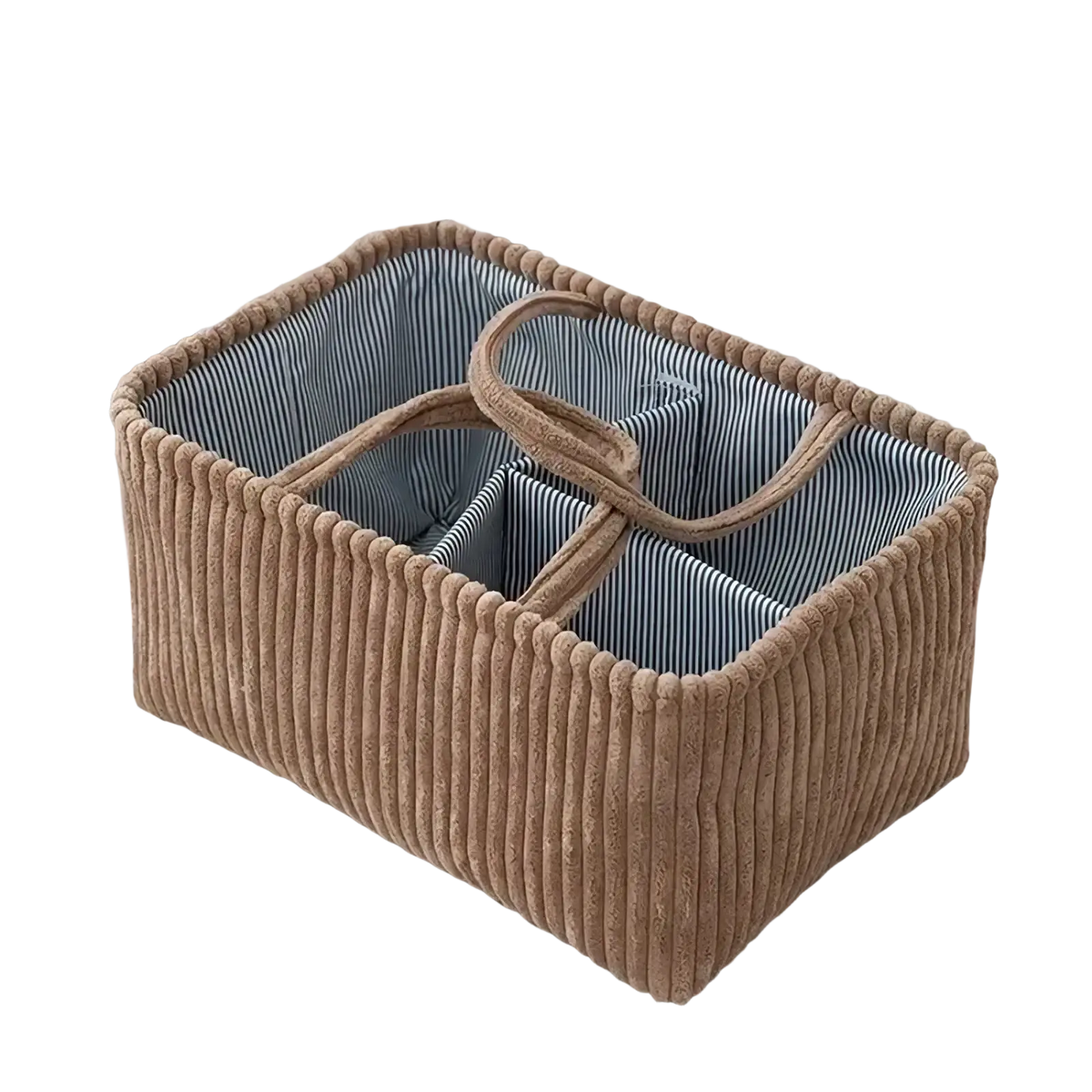 Beige corduroy bohemian storage basket with striped blue interior and woven handles for multi compartment organization