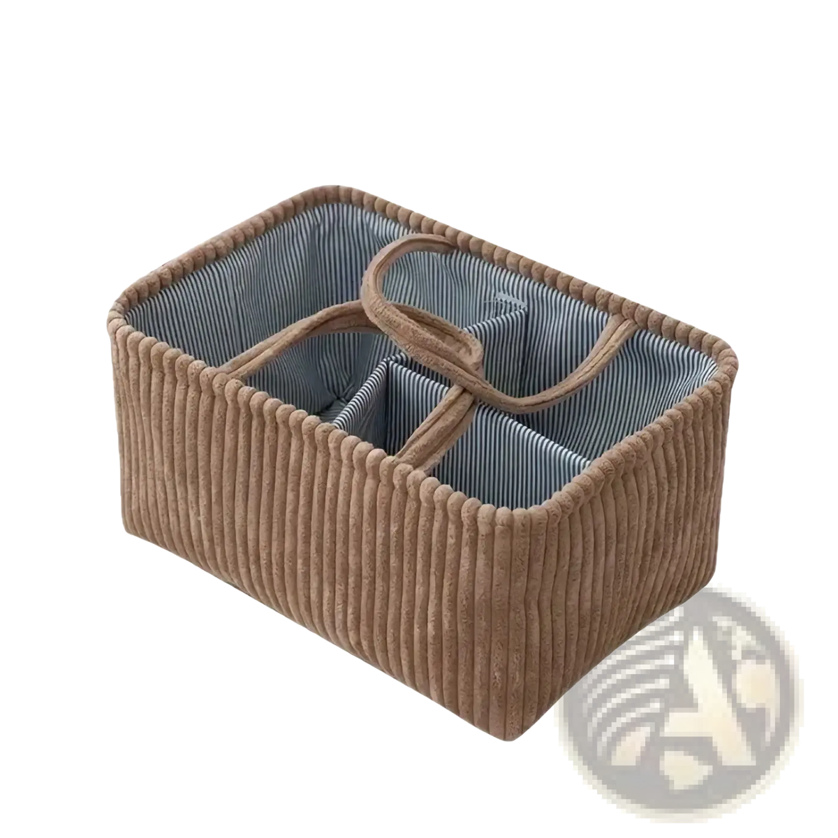 Brown corduroy bohemian storage basket with multi compartments and blue and white striped interior lining