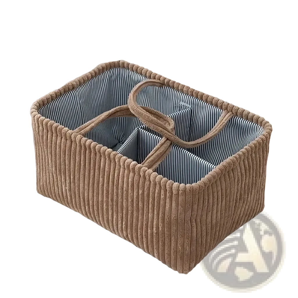 Beige corduroy bohemian storage basket with striped blue interior and woven handles for multi compartment organization