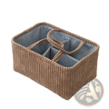 Beige corduroy bohemian storage basket with striped blue interior and woven handles for multi compartment organization