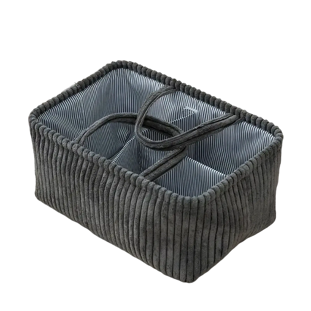 Gray corduroy bohemian storage basket with striped interior and braided handles for multi compartment organizing