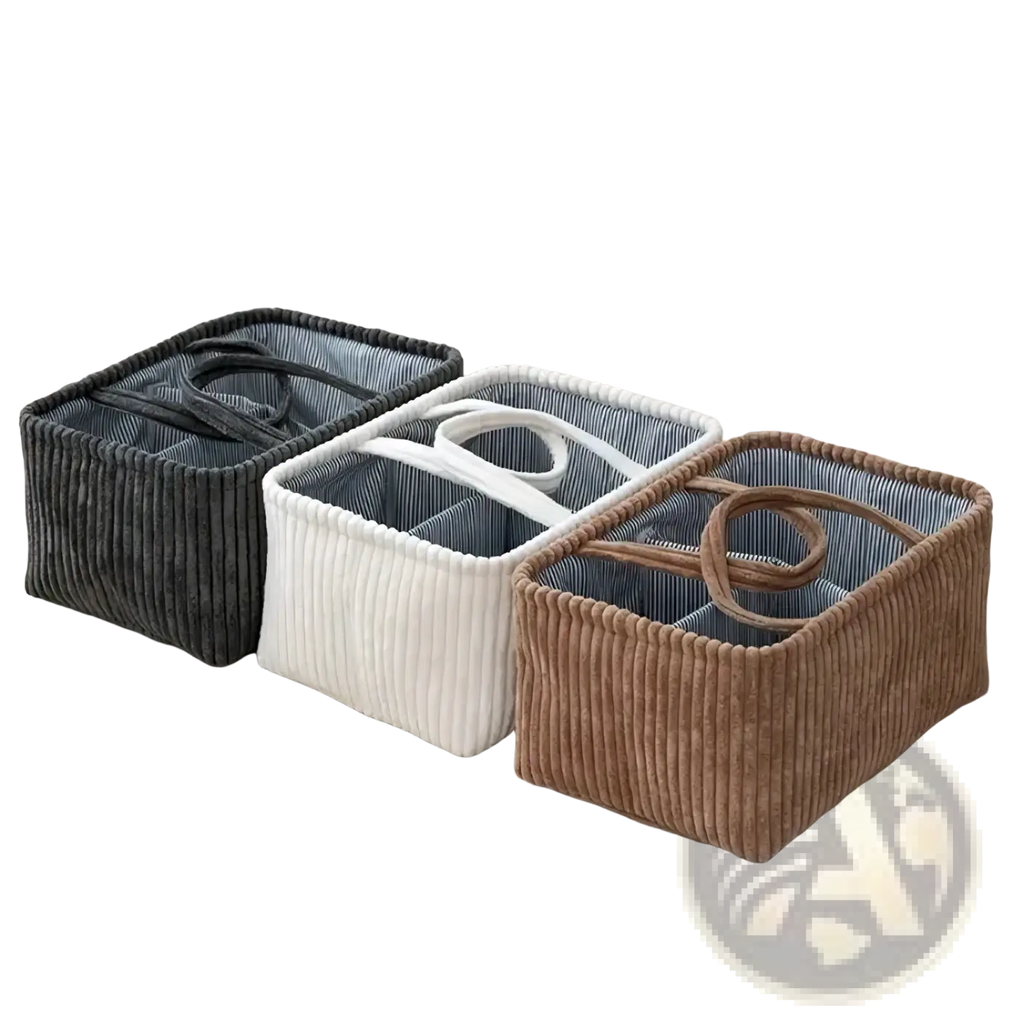 Bohemian storage basket multi compartment organizer with three black white and beige corduroy baskets and matching handles