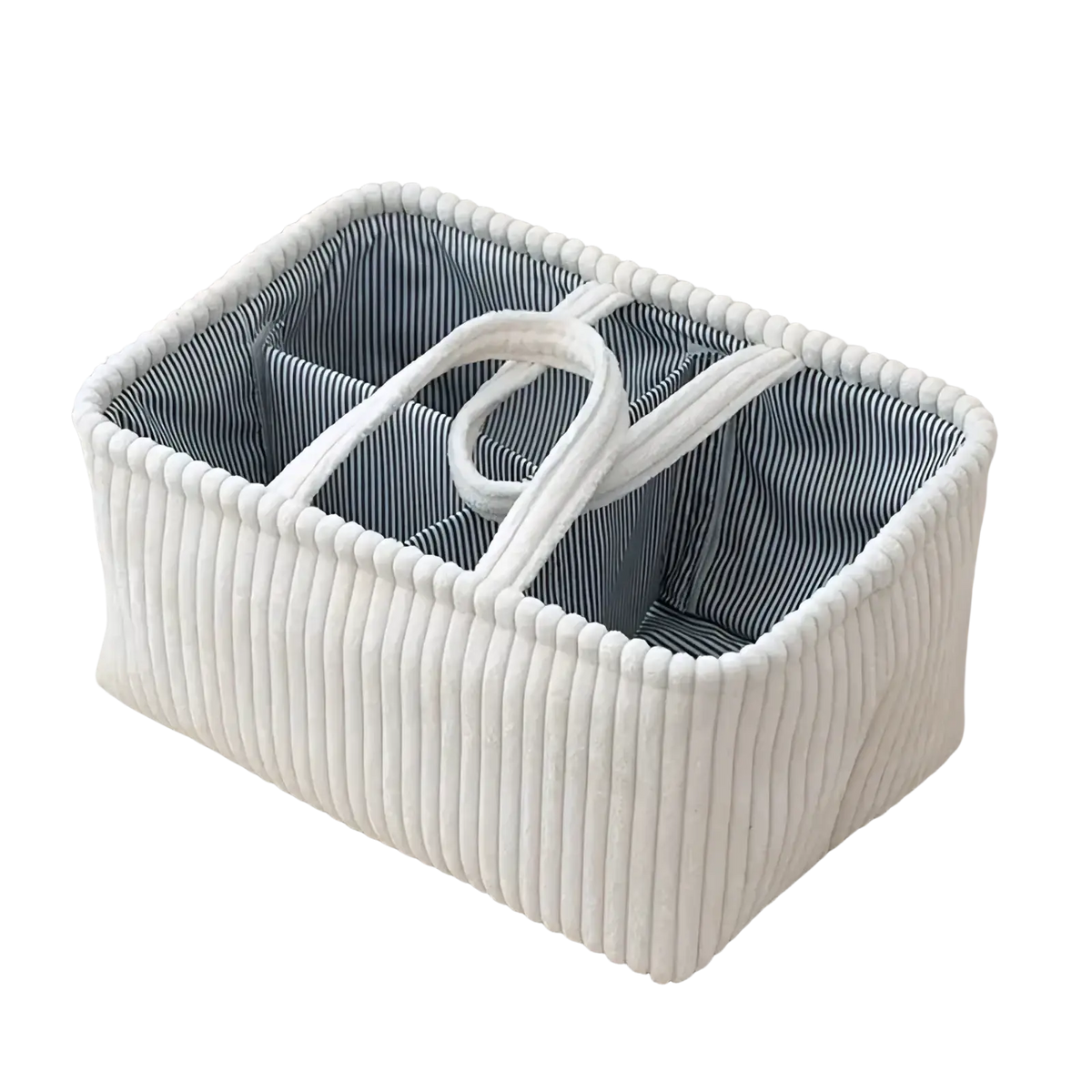 White corduroy bohemian storage basket with striped interior and looped handles for multi compartment organization
