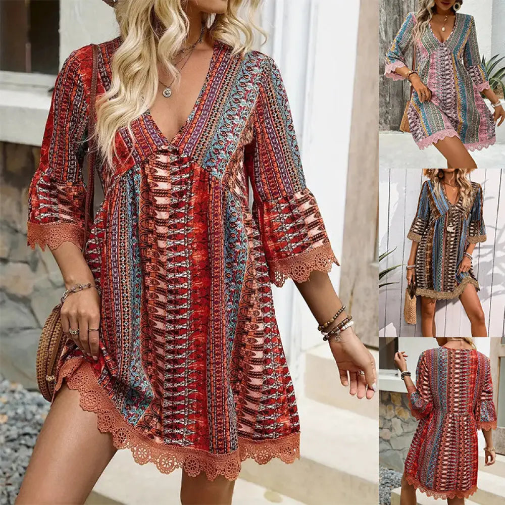 A vibrant red blue and beige embroidered bohemian v-neck lace trim beach dress with intricate patterns and cuffs