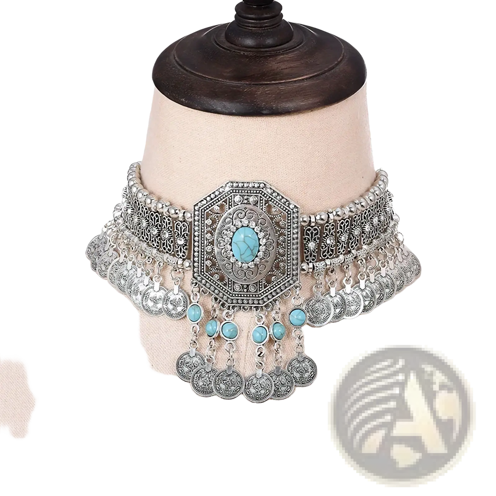 Silver bohemian turquoise coin choker necklace with octagonal centerpiece, intricate metalwork, and dangling beads and coins