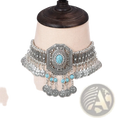 Silver bohemian turquoise coin choker necklace with octagonal centerpiece, intricate metalwork, and dangling beads and coins