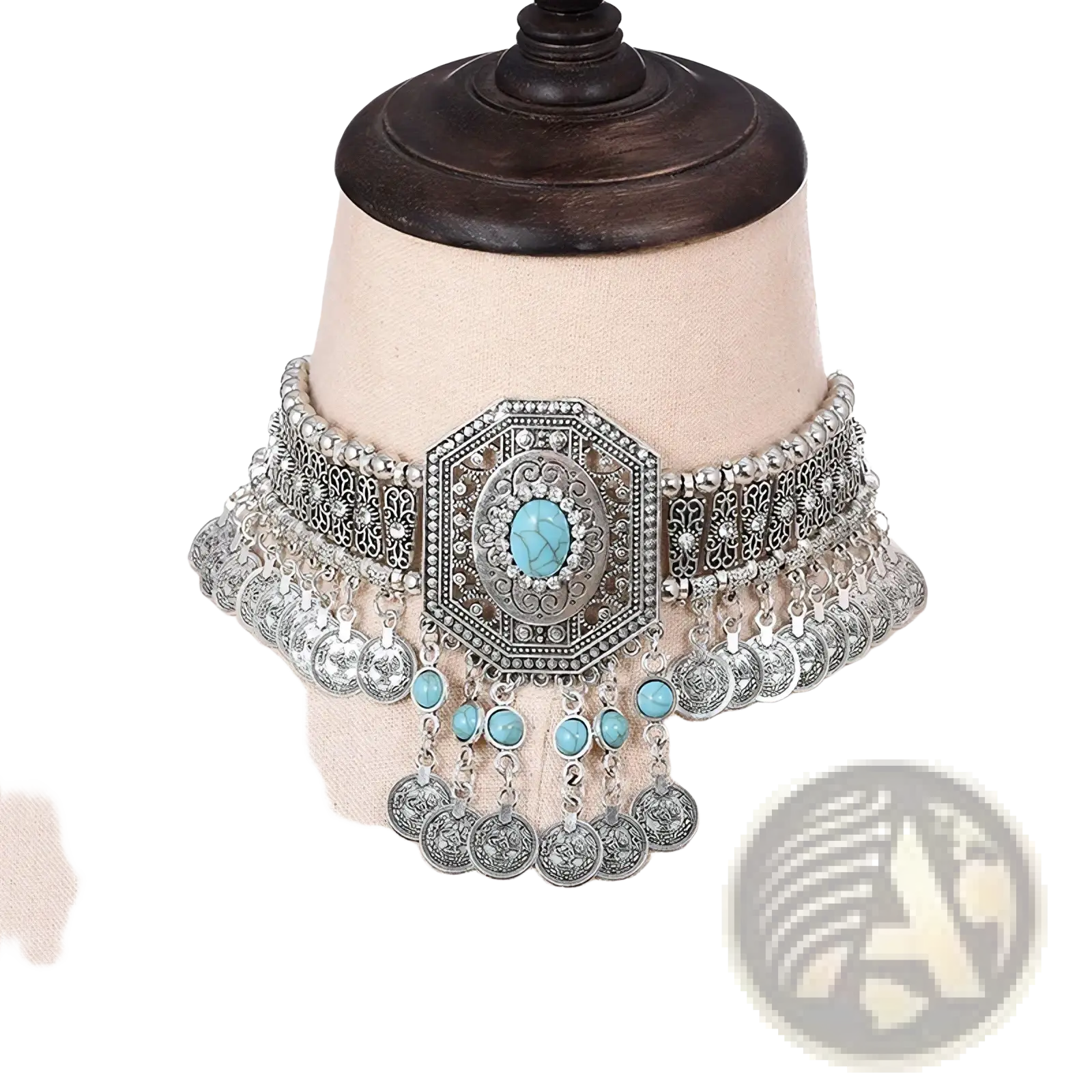 Silver bohemian turquoise coin choker necklace with octagonal centerpiece, intricate metalwork, and dangling beads and coins