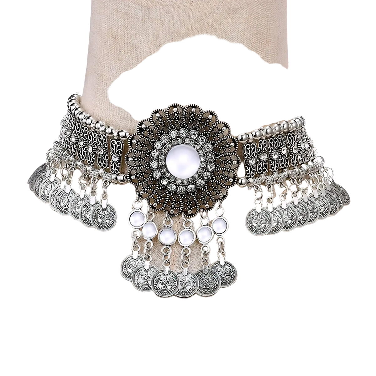 Silver bohemian turquoise coin choker necklace with intricate filigree, central pearl centerpiece, and dangling charms