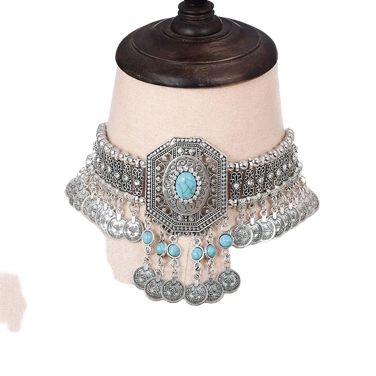 Silver bohemian turquoise coin choker necklace with octagonal centerpiece, intricate metalwork, and dangling beads and coins