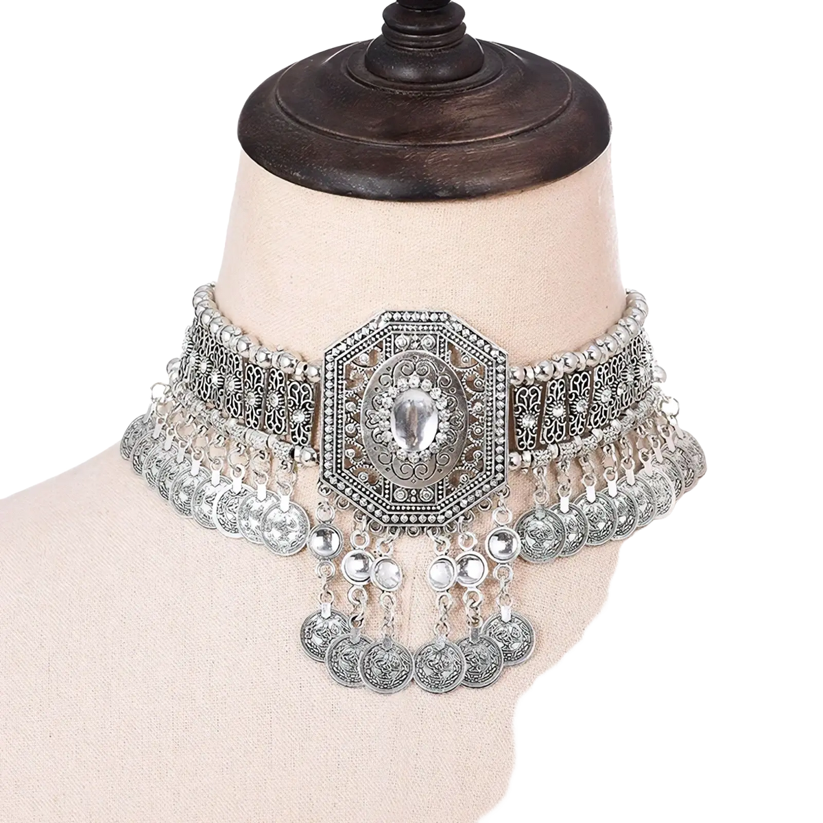 Silver bohemian turquoise coin choker necklace with intricate filigree and central clear gemstone centerpiece