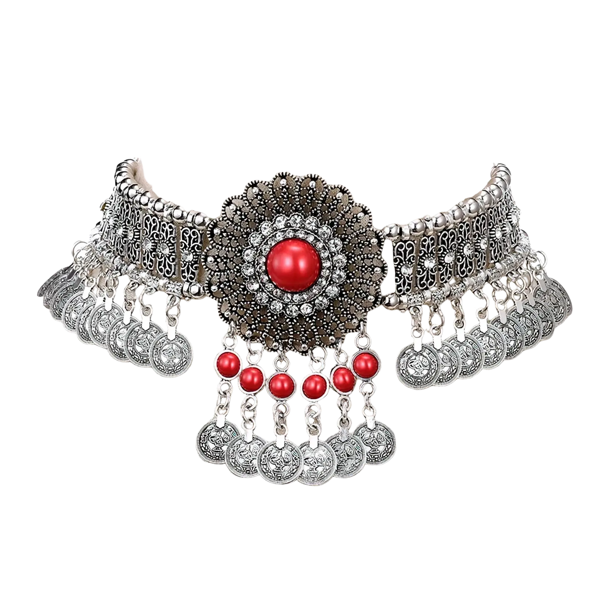 Silver bohemian turquoise coin choker necklace with intricate filigree, red gemstone, clear crystals, and dangling coins