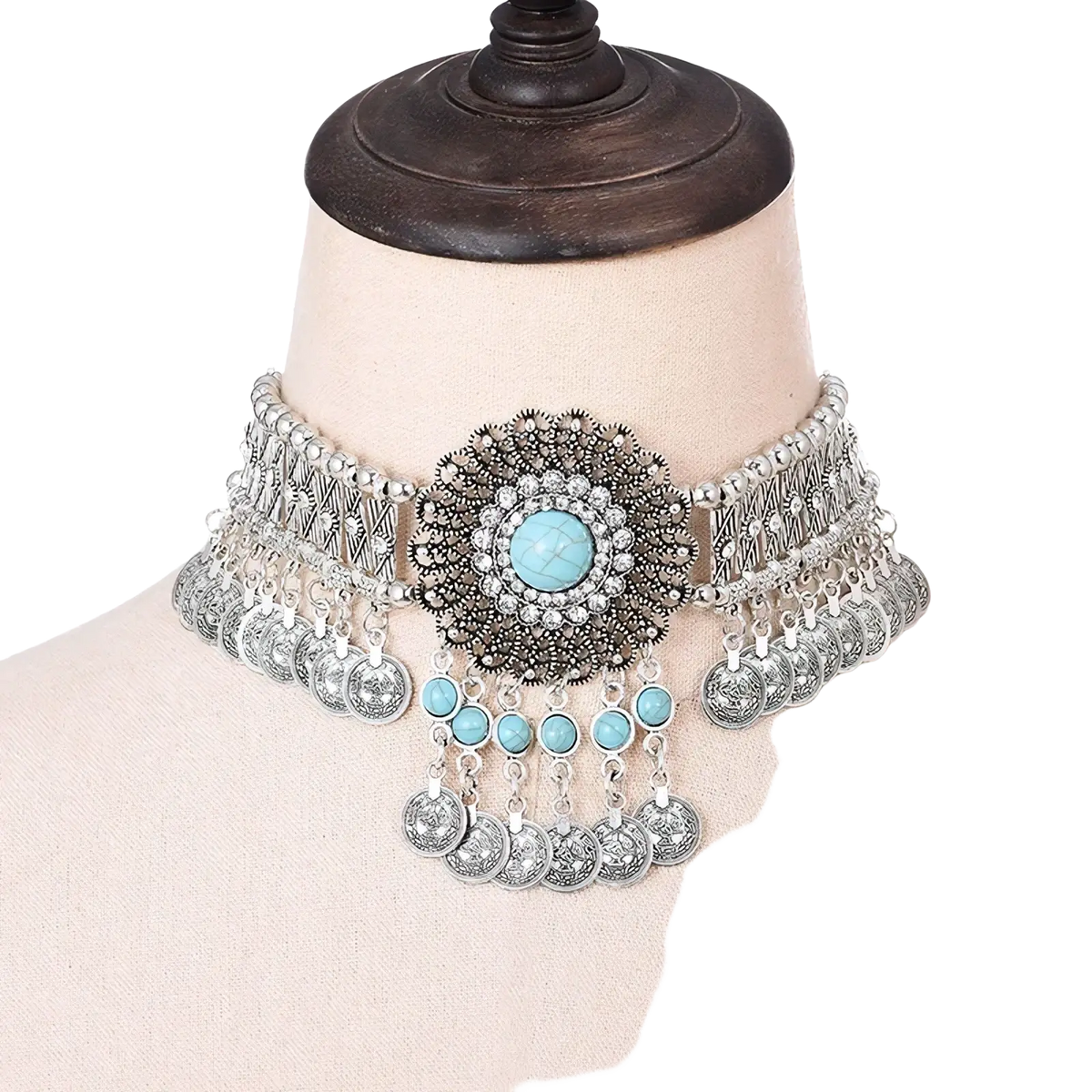 Silver bohemian turquoise coin choker necklace with a central turquoise stone and intricate metalwork with dangling charms