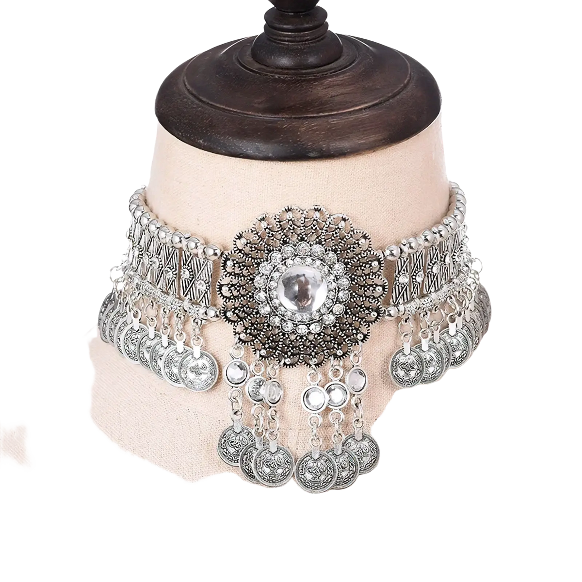 Silver bohemian turquoise coin choker necklace with intricate filigree design, clear gemstone, and dangling charms