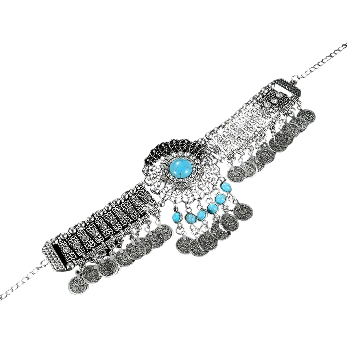 Silver bohemian turquoise coin choker necklace with ornate floral centerpiece and dangling turquoise beads and coins
