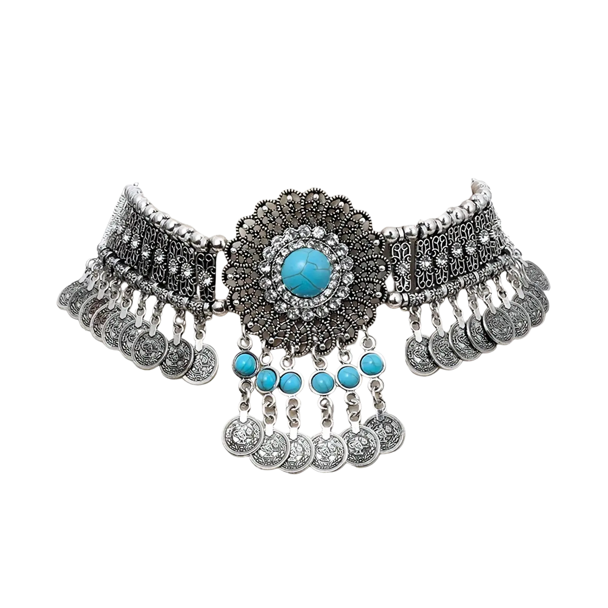 Silver bohemian turquoise coin choker necklace with ornate turquoise stone, rhinestones, intricate metalwork, and charms