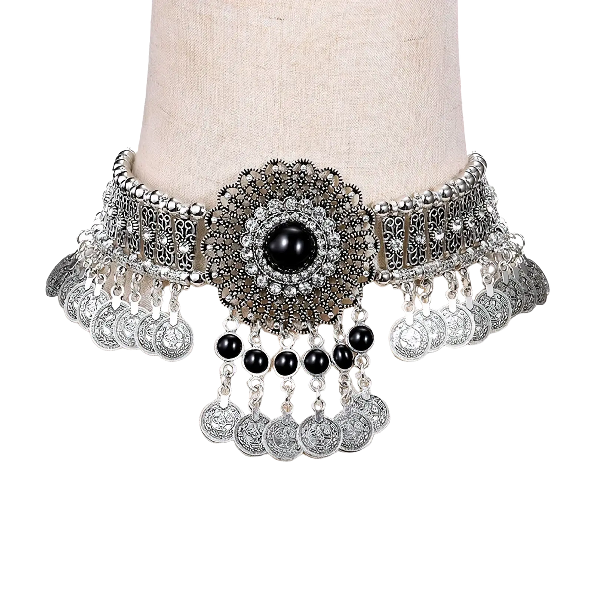 Silver bohemian turquoise coin choker necklace with intricate filigree design black gemstone crystals coins beads
