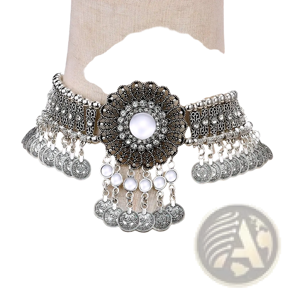 Silver bohemian turquoise coin choker necklace with intricate filigree design, central pearl centerpiece, and dangling charms