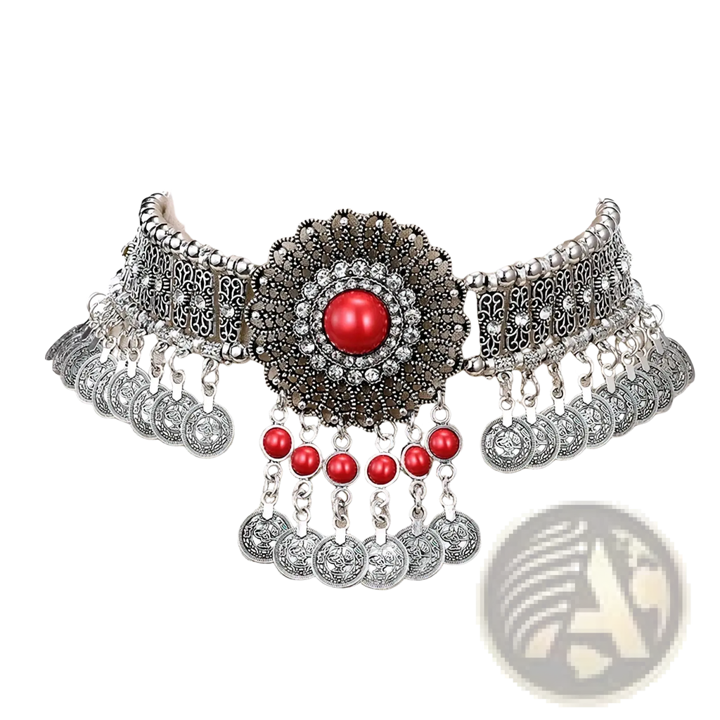 Silver bohemian coin choker necklace with intricate filigree, central red gemstone, clear crystals, and dangling silver coins