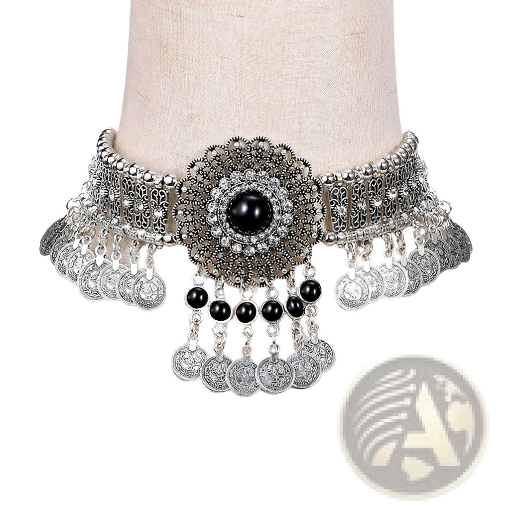 Silver bohemian turquoise coin choker necklace with intricate filigree design black gemstone crystals coins beads