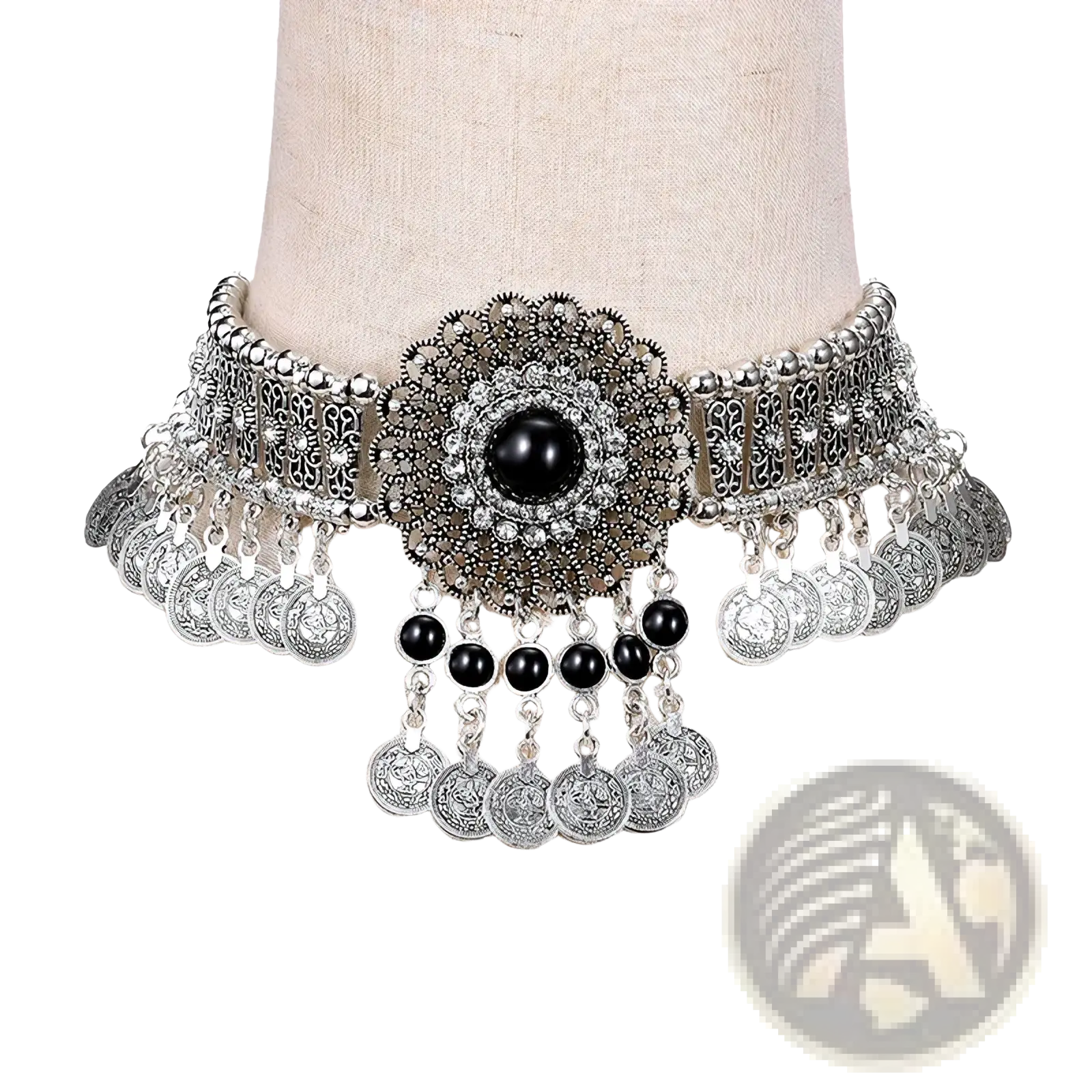 Silver bohemian turquoise coin choker necklace with intricate filigree design black gemstone crystals coins beads