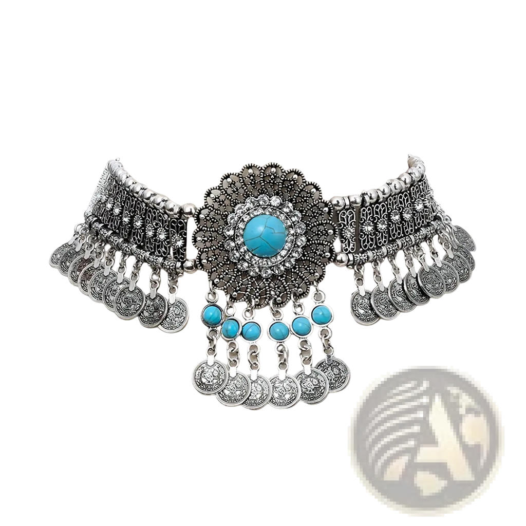 Silver bohemian turquoise coin choker necklace with ornate turquoise stone, rhinestones, intricate metalwork, and charms