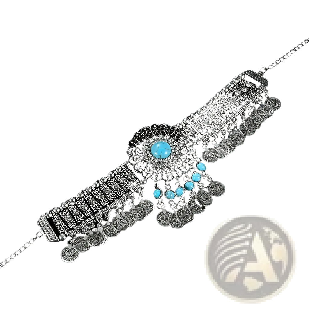 Silver bohemian turquoise coin choker necklace with ornate floral centerpiece and dangling turquoise beads and coins