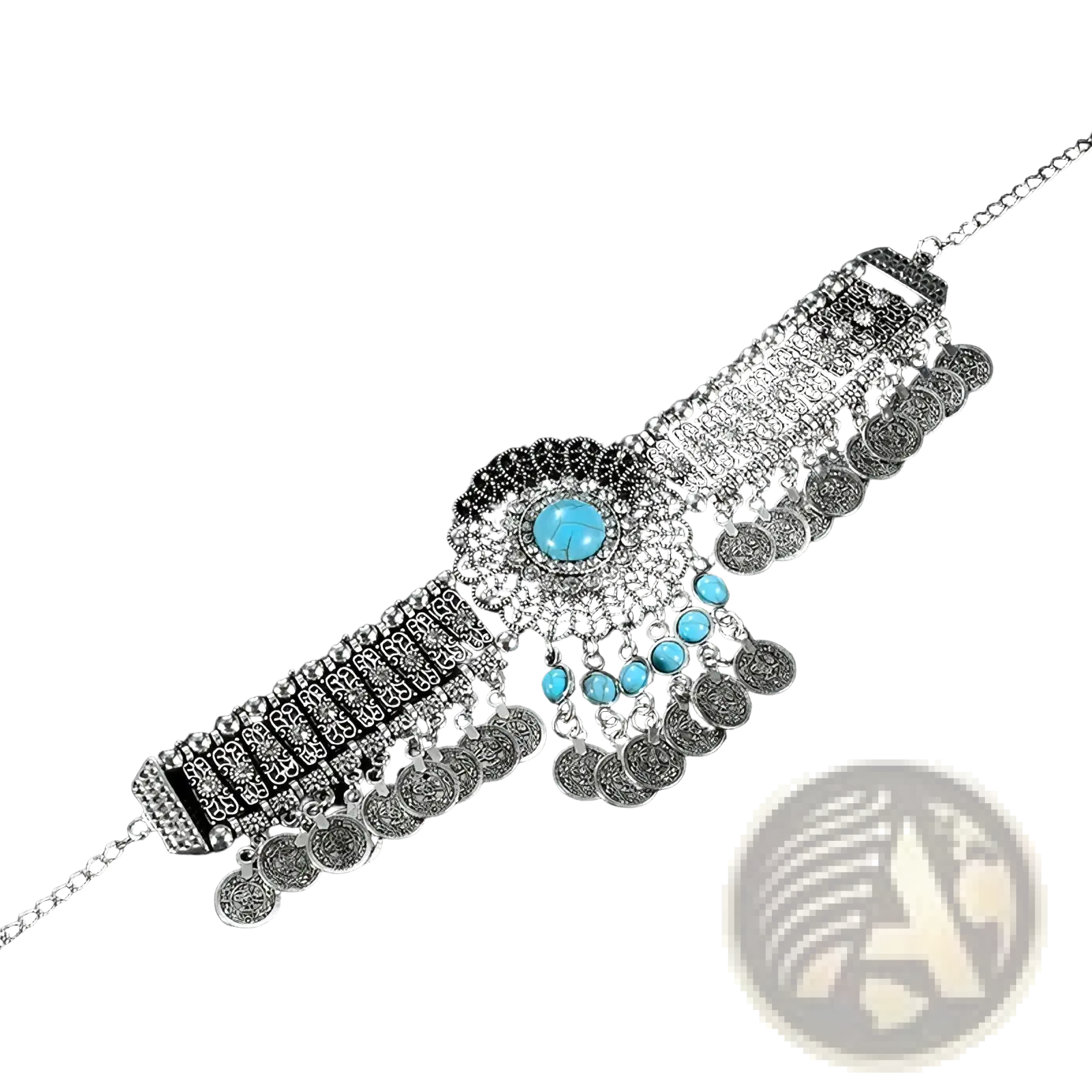 Silver bohemian turquoise coin choker necklace with ornate floral centerpiece and dangling turquoise beads and coins