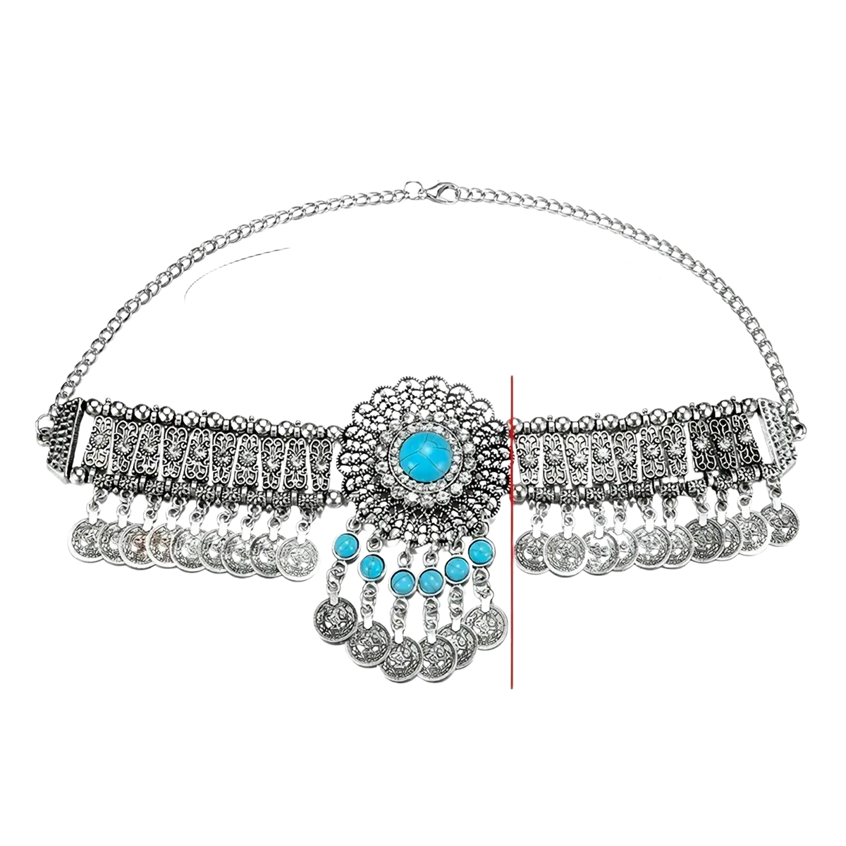 Silver-toned bohemian turquoises coin choker necklace with ornate central stone and intricate metalwork accents