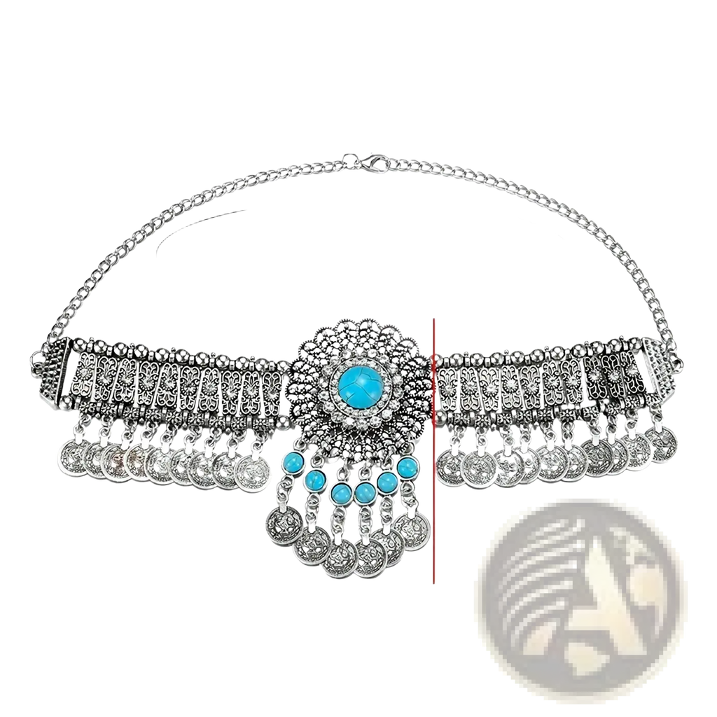 Silver-toned bohemian turquoises coin choker necklace with ornate central stone and intricate metalwork accents