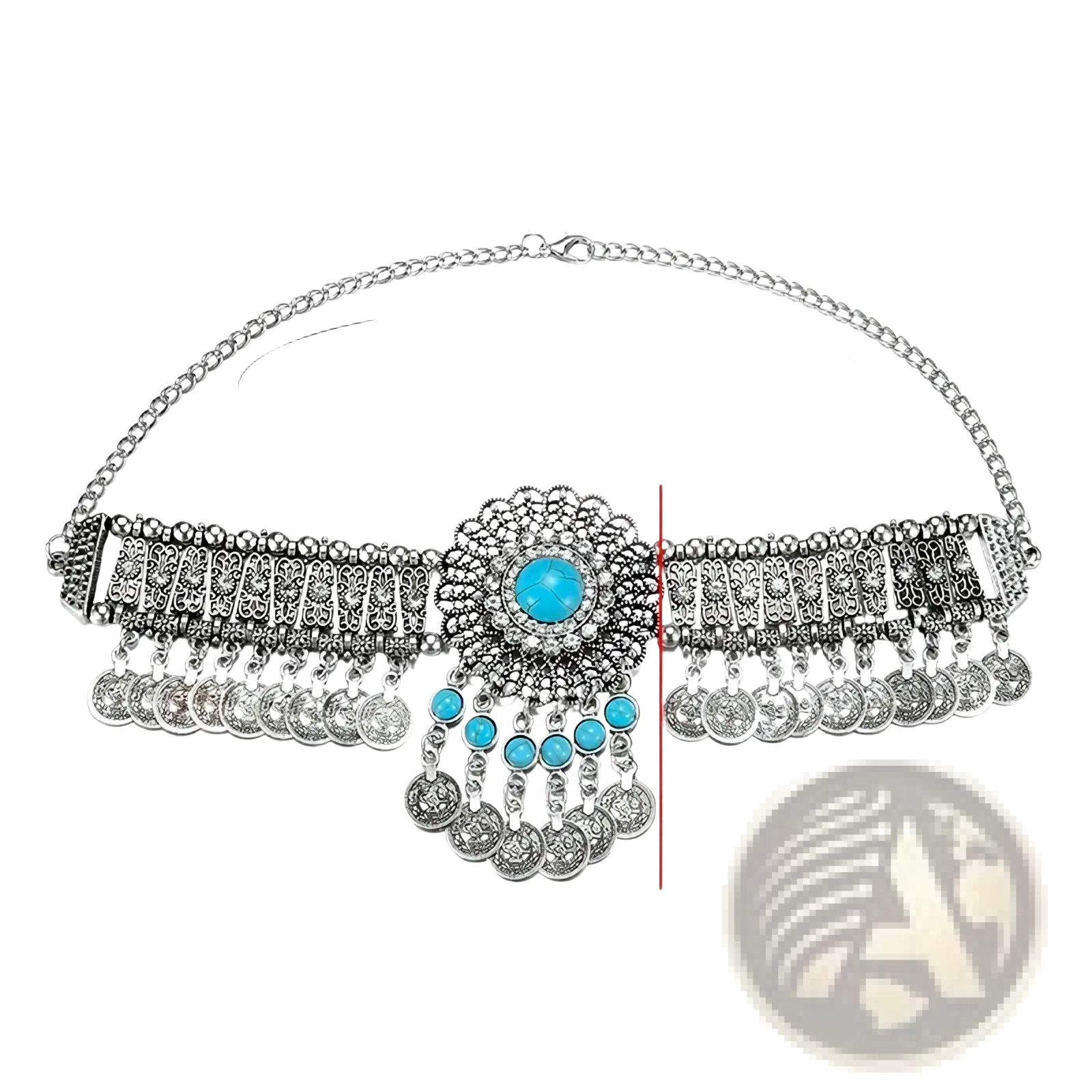 Silver-toned bohemian turquoises coin choker necklace with ornate central stone and intricate metalwork accents